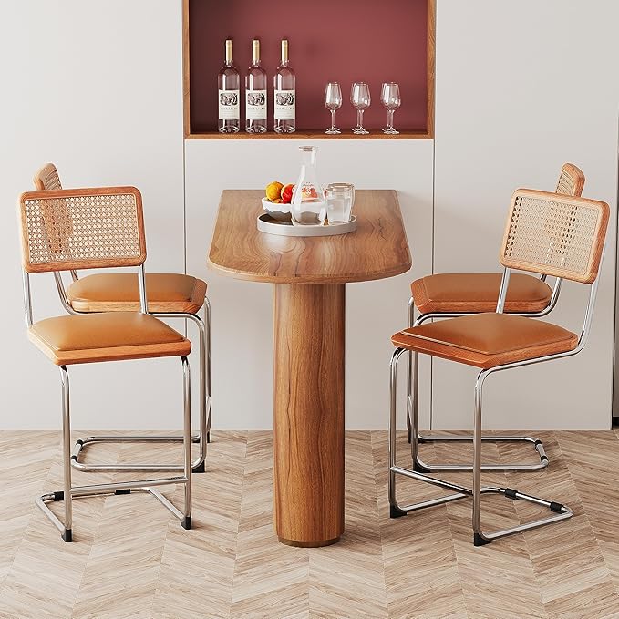 Alunaune 24inch Modern Natural Rattan Bar Stools Set of 4, Upholstered Mid Century Counter Height Bar Stools Kitchen Chairs Comfy Side Dining Chair with Metal Chrome Legs-Brown with PU Seat