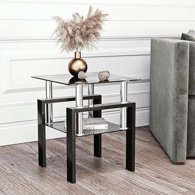 Glass End Table, Glass Side Table with Tempered Glass Top & Metal Legs, Living Room Table Modern Tea Table Side Tables 2-Layer for Living Room Bedroom