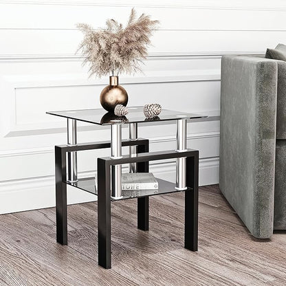 Glass End Table, Glass Side Table with Tempered Glass Top & Metal Legs, Living Room Table Modern Tea Table Side Tables 2-Layer for Living Room Bedroom