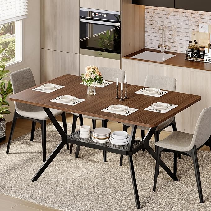 55 inch Dining Table for 4-6, Rectangle Kitchen Table with Storage Shelf, Space Saving Modern Farmhouse Design with Sturdy Metal Legs for Dining Room & Small Apartments