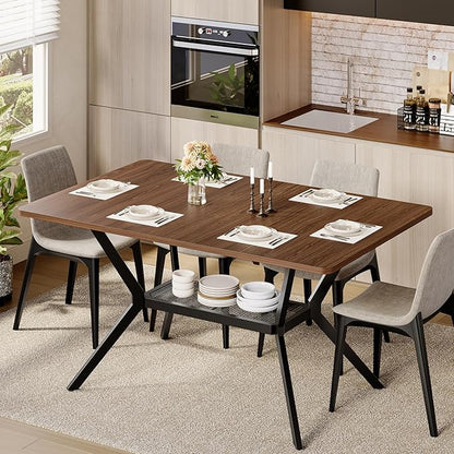 55 inch Dining Table for 4-6, Rectangle Kitchen Table with Storage Shelf, Space Saving Modern Farmhouse Design with Sturdy Metal Legs for Dining Room & Small Apartments