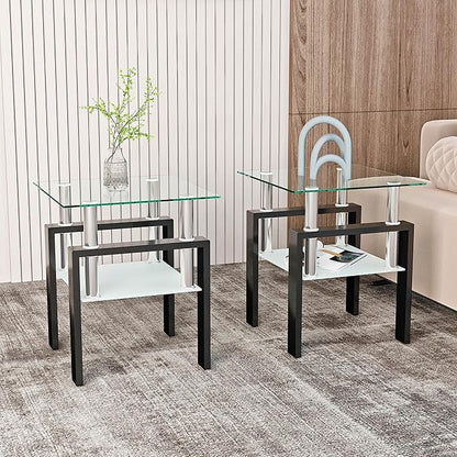 Set of 2 Glass End Table, Glass Side Table with Tempered Glass Top & Metal Legs, Living Room Table Modern Square Tea Table Side Tables 2-Layer for Living Room