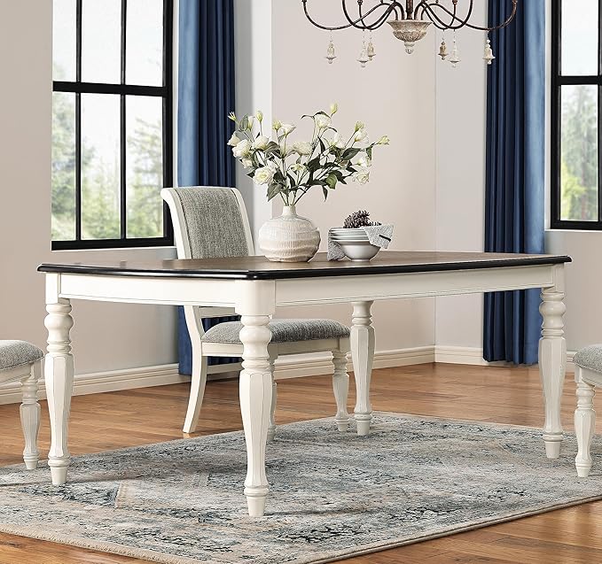 Roundhill Furniture Belleza French Country 74" Width Wood Dining Table, Table for 6, Antique White and Weathered Oak Finish