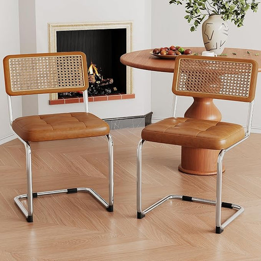 Alunaune Modern Mid Century Brown Dining Chairs Set of 2, Upholstered Natural Rattan Kitchen Chairs, Armless Accent Chair Side Chairs with Metal Chrome Legs for Bedroom Living Room-PU Seat