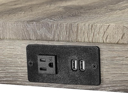 Ball & Cast 4 Piece Industrial Wooden Kitchen Island Table Chairs Sets w/Charging Station, 3pcs Upholstered Backless Counter Stools & 59" Bar-Table Built-in Electrical Outlets and 2 USB Ports,Brown