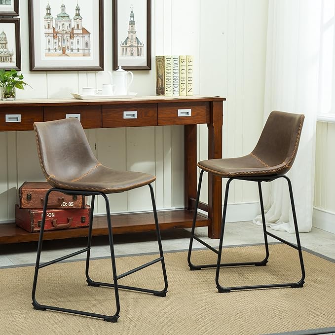 Modern Dining Chairs,Vintage PU Leather Counter Height Stools, Set of 2, Industrial Metal Frame Bar Stools for Kitchen Island,Comfortable & Durable,Everyday Use In Contemporary Settings,Brown-FauxLeat