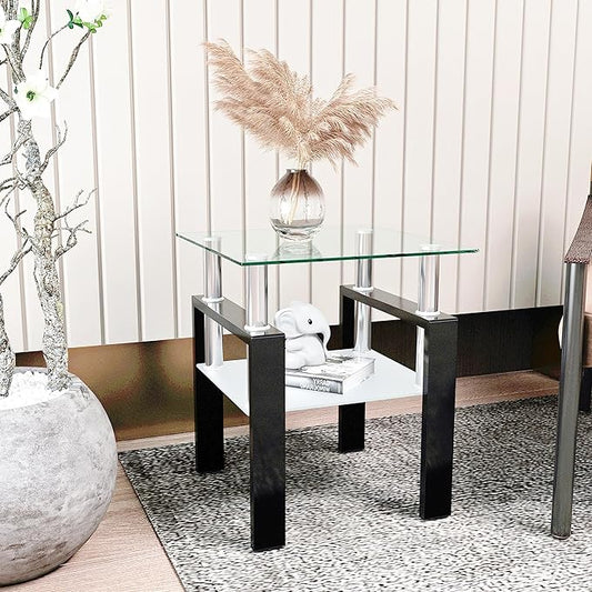 Glass End Table, Glass Side Table with Tempered Glass Top & Metal Legs, Living Room Table Modern Square Tea Table Side Tables 2-Layer for Living Room Bedroom