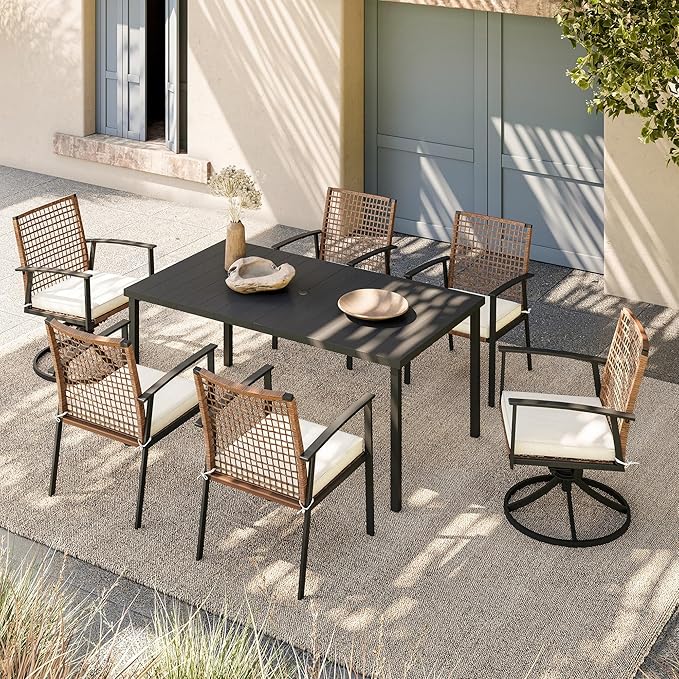 LAUSAINT HOME 7 Pieces Patio Dining Set, Outdoor Furniture Set of 6 Wicker Chairs (2 of Them Swivel) with Soft Cushion and Iron Slats Table Top with Umbrella Hole, Conversation Set for Backyard