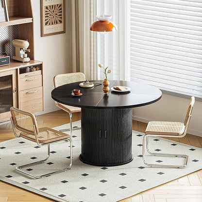 47 Inch Round Dining Table for 4-6 Round Table Kitchen Modern Round Dining Room Table with 2-Layer Storage Shelf and Wood Slide Door Circle Kitchen Tables for Dining Room Black