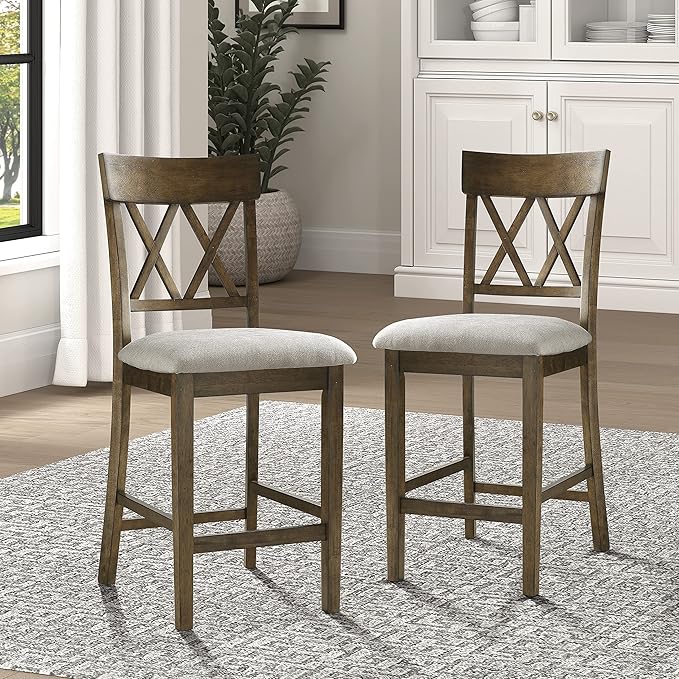 Lexicon Counter Height Stools Set of 2 - Attis Kitchen Counter Stools Set of 2, Upholstered Padded 25.5" Seat Height, Sturdy Solid Wood, Farmhouse Kitchen Chairs, Cross Back, Easy Assembly, Light Oak