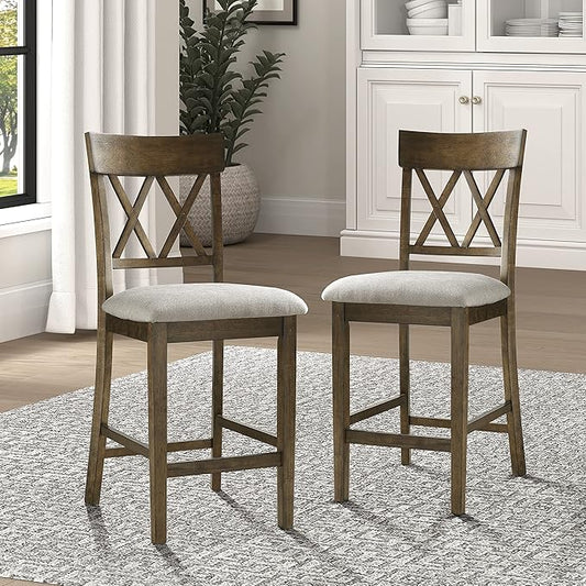 Lexicon Counter Height Stools Set of 2 - Attis Kitchen Counter Stools Set of 2, Upholstered Padded 25.5" Seat Height, Sturdy Solid Wood, Farmhouse Kitchen Chairs, Cross Back, Easy Assembly, Light Oak