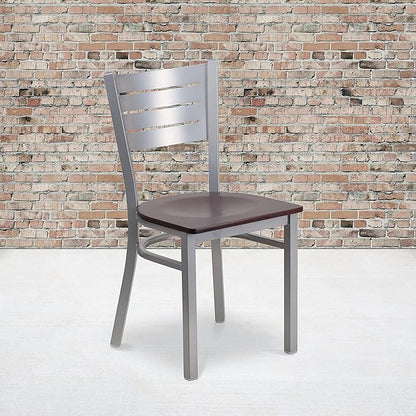 Flash Furniture HERCULES Series Silver Slat Back Metal Restaurant Chair - Walnut Wood Seat