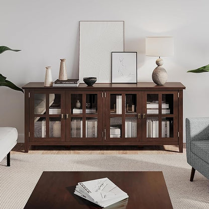 SIMPLIHOME Artisan SOLID WOOD 66 Inch Wide Contemporary Wide 4 Door Storage Cabinet in Russet Brown, For the Living Room, Entryway and Family Room