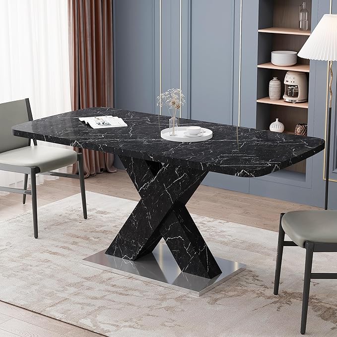 Modern Extended Marble Dining Table for 4-8, Rectangle Kitchen Dining Room Table with Black Marble Top & X-Shape Legs (Black11)