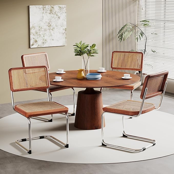 Alunaune Mid Century Modern Dining Chairs Set of 4, Upholstered Natural Rattan Kitchen Chairs Accent Chair, Armless Side Chairs with Metal Chrome Legs for Bedroom Living Room-Rattan Seat