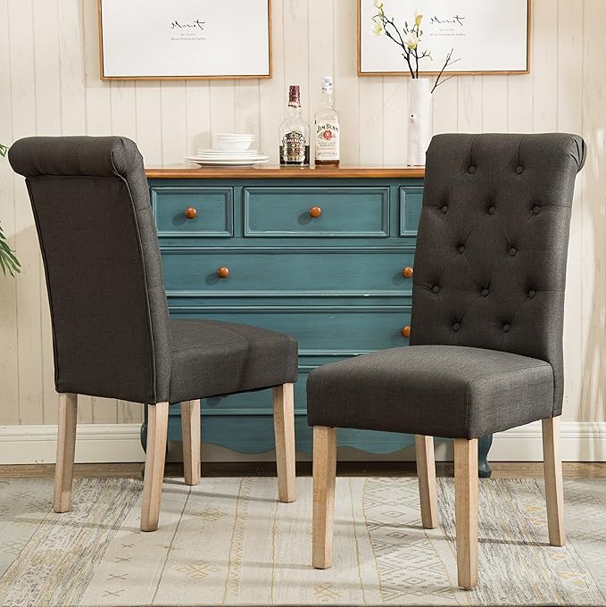 Roundhill Furniture Habit Solid Wood Tufted Parsons Charcoal Dining Chair, Set of 2