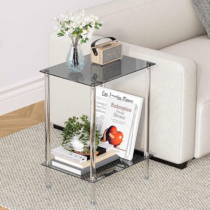 Tempered Glass Side Table, Acrylic End Table, 2-Tier Transparent Nightstand, Clear Coffee Table, for Small Spaces Living Room Bedroom Balcony Black LET518BK
