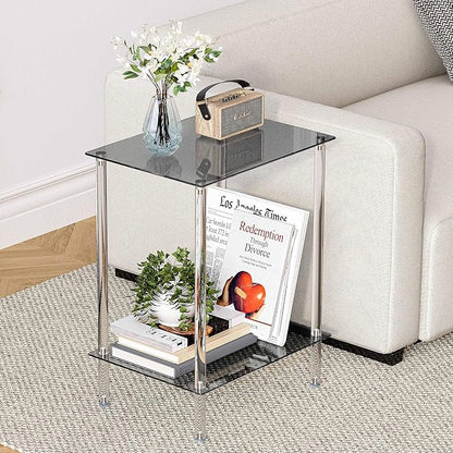 Tempered Glass Side Table, Acrylic End Table, 2-Tier Transparent Nightstand, Clear Coffee Table, for Small Spaces Living Room Bedroom Balcony Black LET518BK