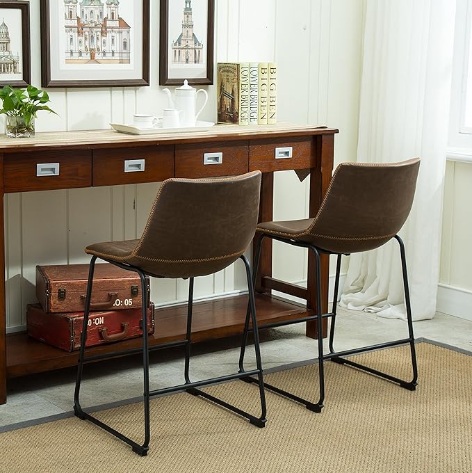 Modern Dining Chairs,Vintage PU Leather Counter Height Stools, Set of 2, Industrial Metal Frame Bar Stools for Kitchen Island,Comfortable & Durable,Everyday Use In Contemporary Settings,Brown-FauxLeat