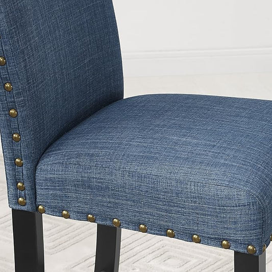 Roundhill Furniture Biony Blue Fabric Dining Chairs with Nailhead Trim, Set of 2