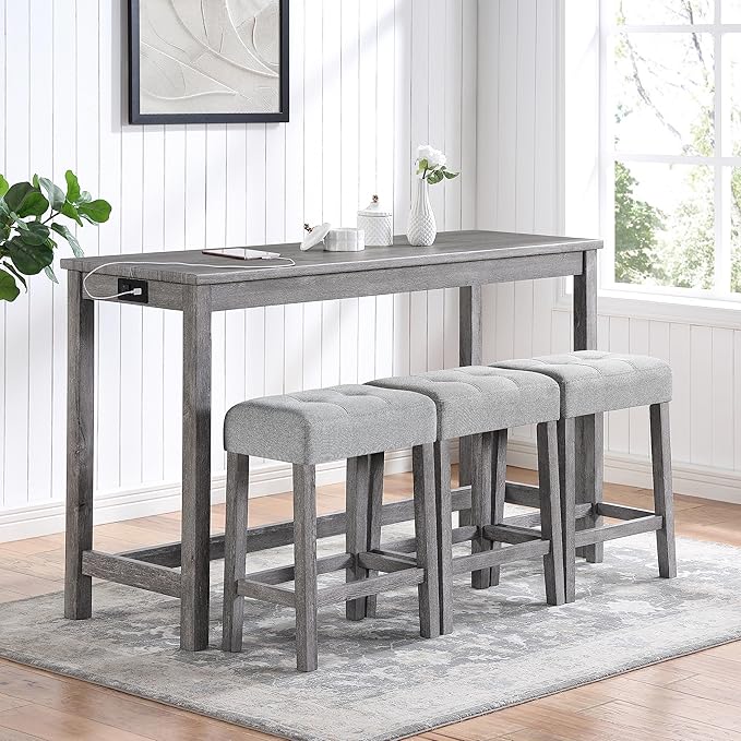4-Piece Farmhouse Kitchen Table Stool Set with Power Outlets, Industrial Dining Tables with 3 Upholstered Stools, Wooden Counter Table Chairs w/Charging Station&2 USB Ports, Gray+Gray