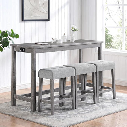 4-Piece Farmhouse Kitchen Table Stool Set with Power Outlets, Industrial Dining Tables with 3 Upholstered Stools, Wooden Counter Table Chairs w/Charging Station&2 USB Ports, Gray+Gray