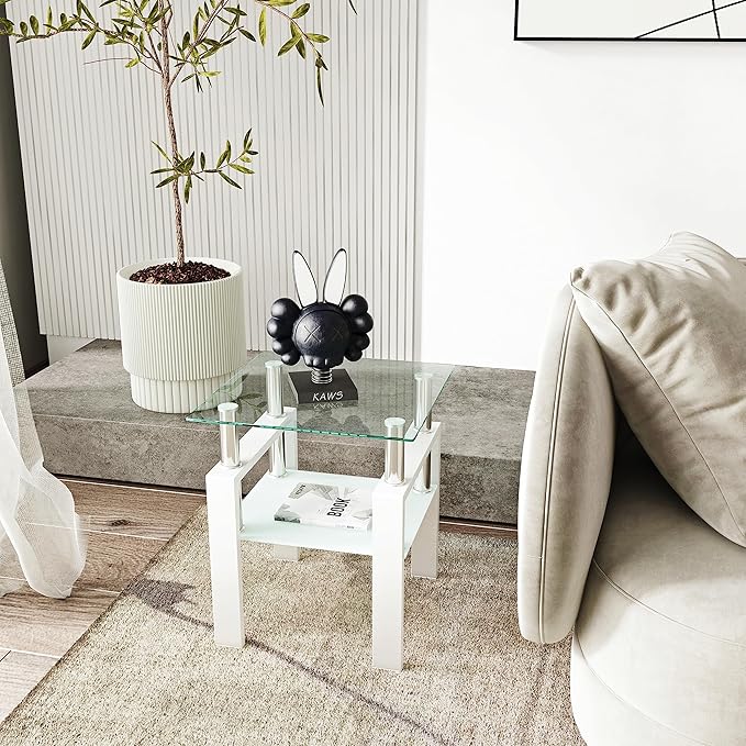 Glass End Table, Glass Side Table with Tempered Glass Top & Metal Legs, Square Living Room Table Modern Tea Table Side Tables 2-Layer for Living Room Bedroom