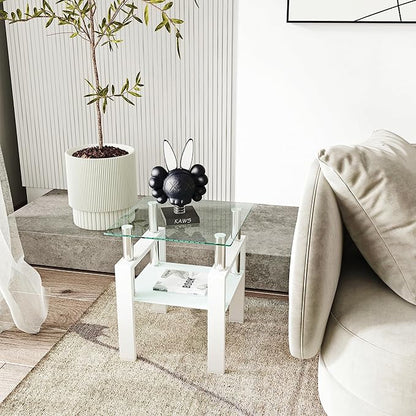 Glass End Table, Glass Side Table with Tempered Glass Top & Metal Legs, Square Living Room Table Modern Tea Table Side Tables 2-Layer for Living Room Bedroom
