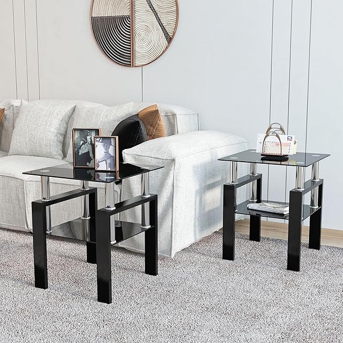 IANIYA 2PCS Modern Glass End Table, 2-Tier Side Table with Tempered Glass Top & Metal Legs, Night Stand Corner Table for Living Room, Bedroom,All Black