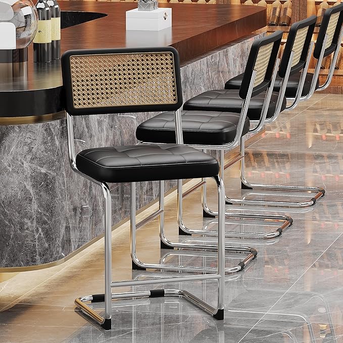 Alunaune 24inch Mid Century Black Bar Stools Set of 4, Upholstered Modern Counter Height Bar Stools Natural Rattan Dining Chairs Side Kitchen Chair with Metal Chrome Legs-PU Seat