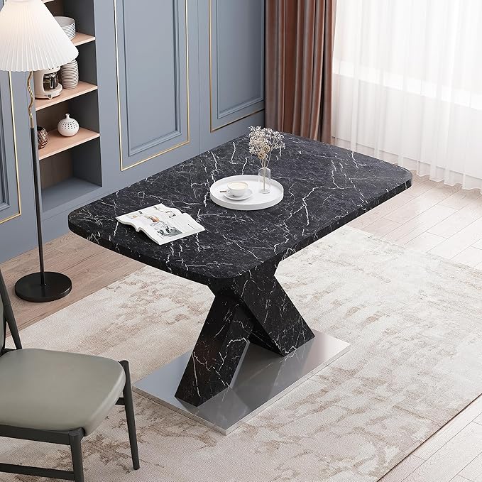 Modern Extended Marble Dining Table for 4-8, Rectangle Kitchen Dining Room Table with Black Marble Top & X-Shape Legs (Black11)