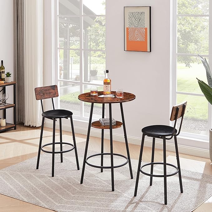 Bar Table Set for 2 with 2 PU Upholstered Stools, Pub Bistro Dinning Table and Stools with Backrest, Counter Height Bar Table Set for Apartment, Kitchen, Small Space