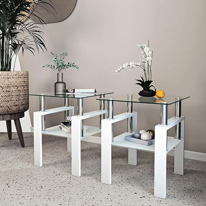 Set of 2 Glass End Table, Glass Side Table with Tempered Glass Top & Metal Legs, Square Living Room Table Modern Tea Table Side Tables 2-Layer for Living Room Bedroom