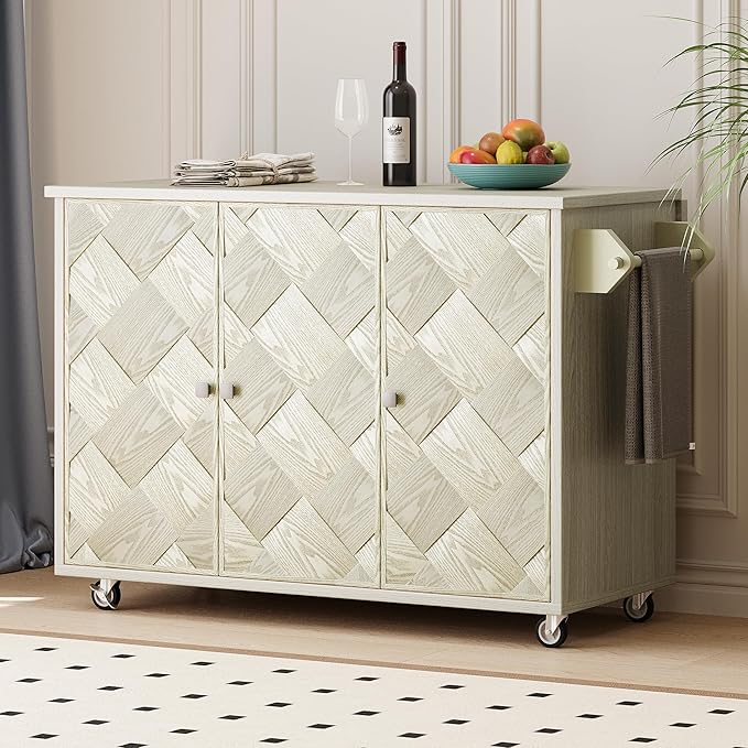 RUNNA 51.2" W Ash Veneer Solid Wood Handwoven Kitchen Island with Drop Leaf, Coastal Kitchen Island on Wheels with Internal Storage Rack, Rolling Kitchen Cart (Champagne#016)