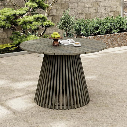 Merax Outdoor Dining Table 47.25" Round Extra-Large Acacia Wood Patio Dining Table for Backyard Lawn Balcony, Aesthetic Slat Base Design, Grey Finish