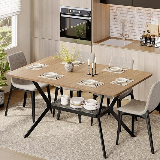 MECHYIN 55" Dining Table for 4-6, Industrial Kitchen Table with Spacious Storage Shelf, Sturdy Metal Frame Rectangular Dinner Table for Dining Room, Small Apartments, Home Office