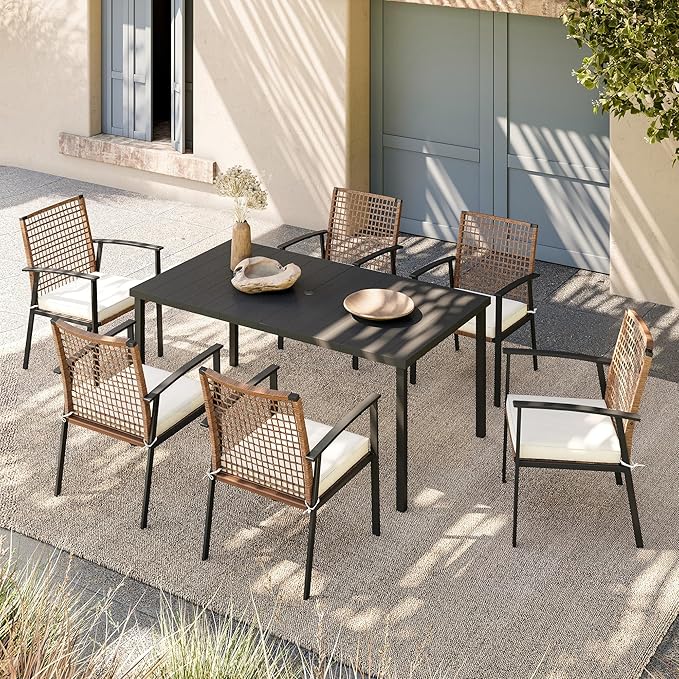 LAUSAINT HOME 7 Pieces Patio Dining Set, Outdoor Furniture Set of 6 Chairs with Soft Cushion and Iron Slats Table Top with Umbrella Hole, Conversation Set for Backyard, Garden and Poolside
