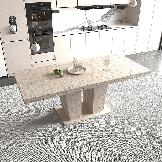 78.74" Extendable Dining Table for 6 8 10 Person, Modern Travertine Expandable Kitchen Table with Dual Column Pedestal Base, Large Rectangle Wooden Expanding Table for Kitchen Dining Conference Room