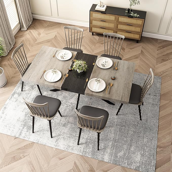 55.11"-70.86" Dining Table for 6-8 People, Retro Rectangular Stretch Table, Kitchen Table with Wood Top, Black Relief Plate Iron Foot Base and Storage Box(Grey)