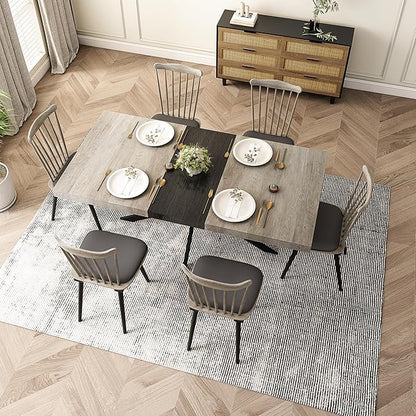 55.11"-70.86" Dining Table for 6-8 People, Retro Rectangular Stretch Table, Kitchen Table with Wood Top, Black Relief Plate Iron Foot Base and Storage Box(Grey)