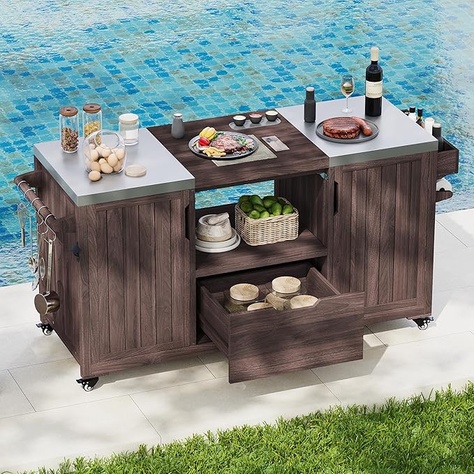 YOPTO Versatile 66.5" Outdoor Grill Cart for Big Green Egg,100% Fir Wood,Stainless Steel Top,Ample Storage,Weatherproof,6 Lockable Wheels,Dark Brown