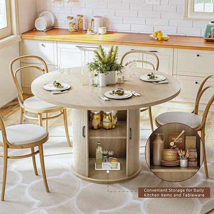 47 Inch Round Dining Table for 4-6 Round Table Kitchen Modern Round Dining Room Table with 2-Layer Storage Shelf and Wood Slide Door Circle Kitchen Tables for Dining Room Oak