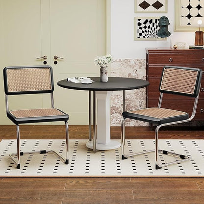 Alunaune Modern Mid Century Black Dining Chairs Set of 2, Upholstered Natural Rattan Kitchen Chairs, Armless Accent Chair Side Chairs with Metal Chrome Legs for Bedroom Living Room-Rattan Seat