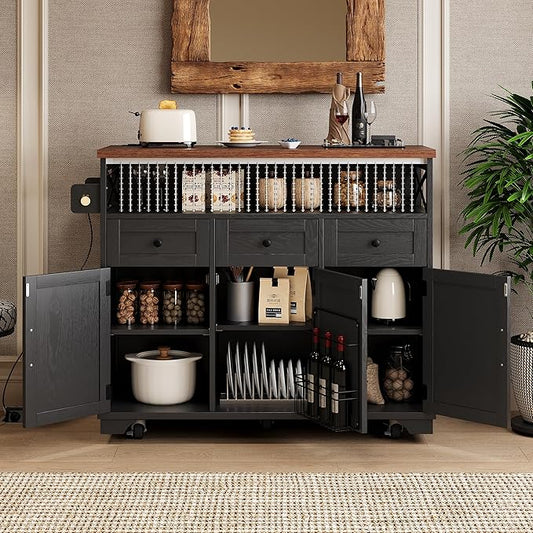 Bellemave 46.5" Farmhouse Kitchen Island cart with Charging Station and with Drape of Beads, Rolling Kitchen Island Table with Drop-Leaf, 3 Drawers, Black
