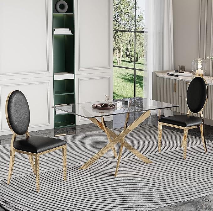 Glass Dining Table,51'' Rectangular Dining Kitchen Table,Modern X-Design Dining Room Table with Gold Stainless Steel Base for Dining Room