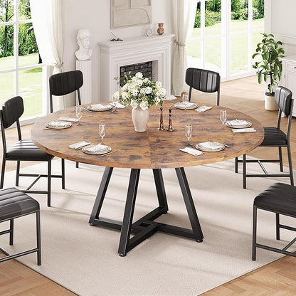 Jocoevol 51“ Round Kitchen Dining Room Table for 6-8, Circle Dining Dinner Table with Pedestal Metal Frame, Space Saving Wood Industrial Furniture for Small Space (Rustic Brown, 51In)