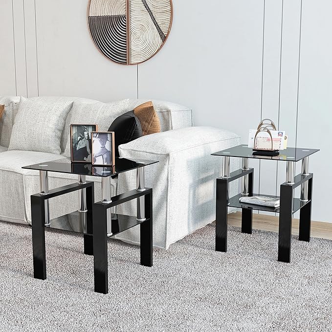 Set of 2 Glass End Table, Glass Side Table with Tempered Glass Top & Metal Legs, Living Room Table Modern Tea Table Side Tables 2-Layer for Living Room