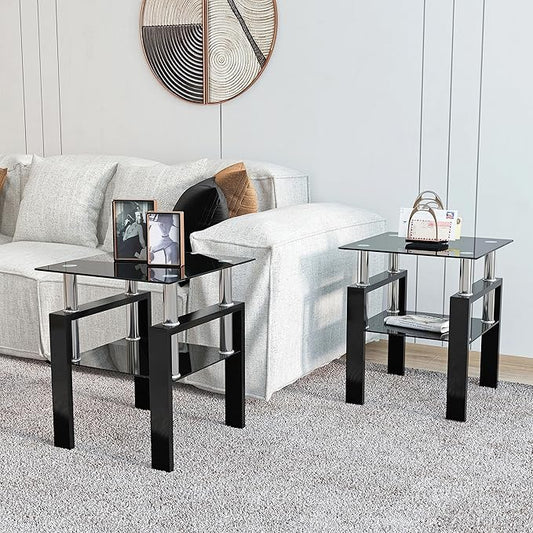 Set of 2 Glass End Table, Glass Side Table with Tempered Glass Top & Metal Legs, Living Room Table Modern Tea Table Side Tables 2-Layer for Living Room