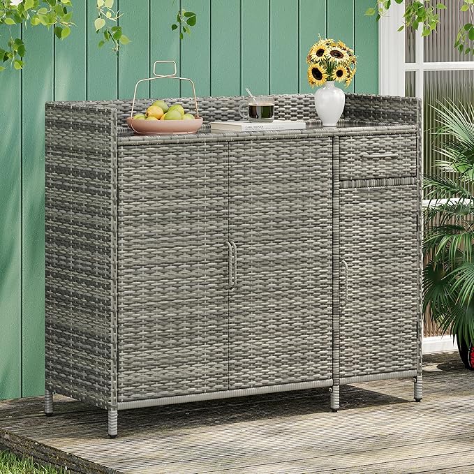 47.5 Inch Outdoor Storage Cabinet Wicker Buffet Table Patio Sideboard Tempered Glass Top Adjustable Shelves 3 Door Rattan Kitchen Island Drawer Dining Serving Console Metal Frame Grey