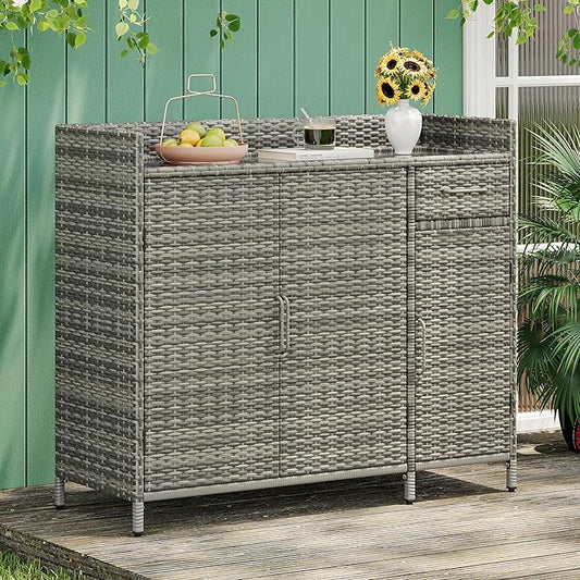 47.5 Inch Outdoor Storage Cabinet Wicker Buffet Table Patio Sideboard Tempered Glass Top Adjustable Shelves 3 Door Rattan Kitchen Island Drawer Dining Serving Console Metal Frame Grey